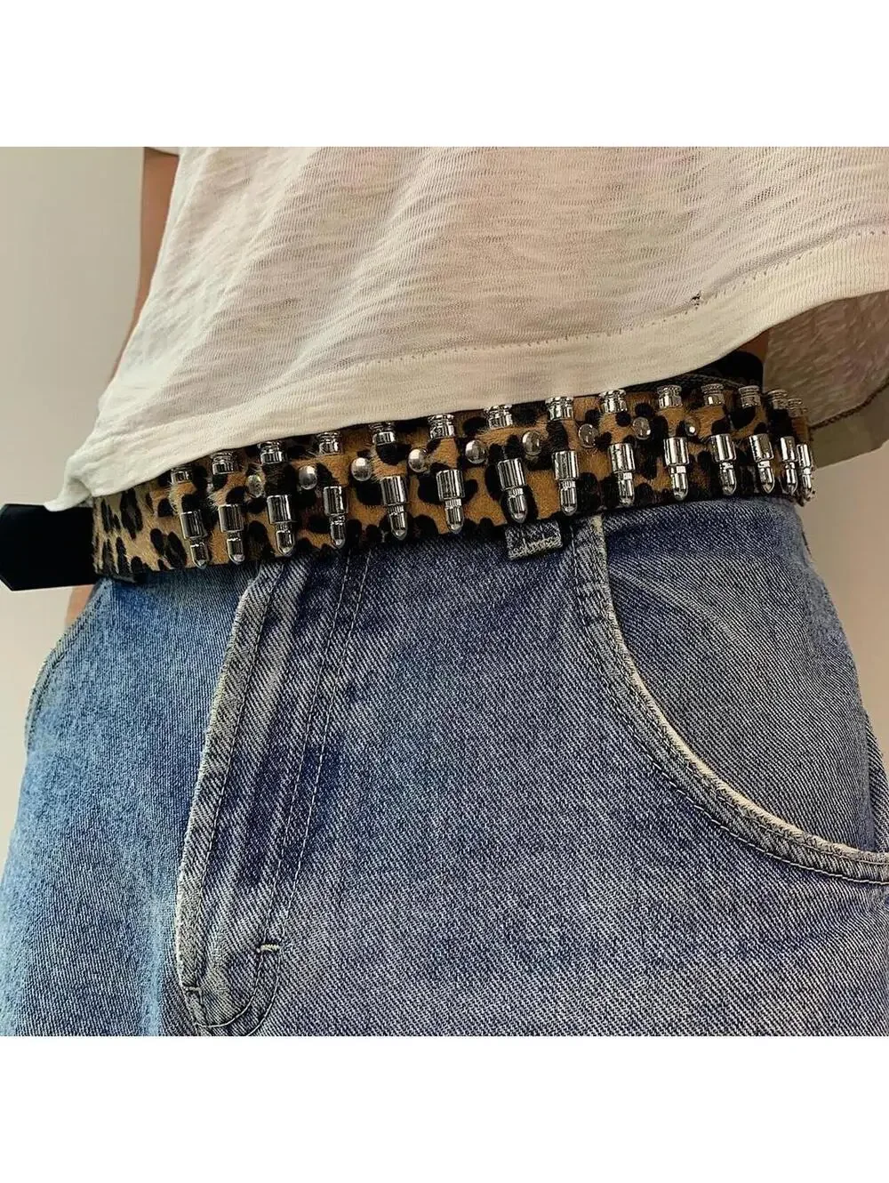 Cyber Bullet belt Cheetah Fur studded vintage y2k style. Cool grunge/punk look